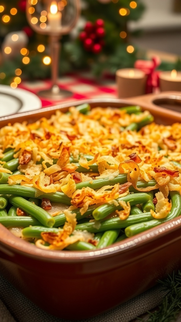 A delicious green bean casserole topped with fried onions in a festive setting.